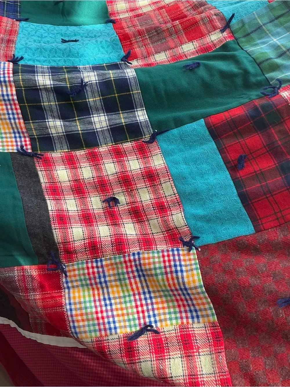 Vintage handmade patchwork quilt yarn tied plaid blanket with skirt 82x70